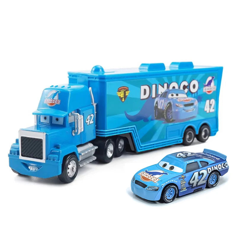 Blue and teal diecast toy hauler truck and car from Disney Pixar Cars 3