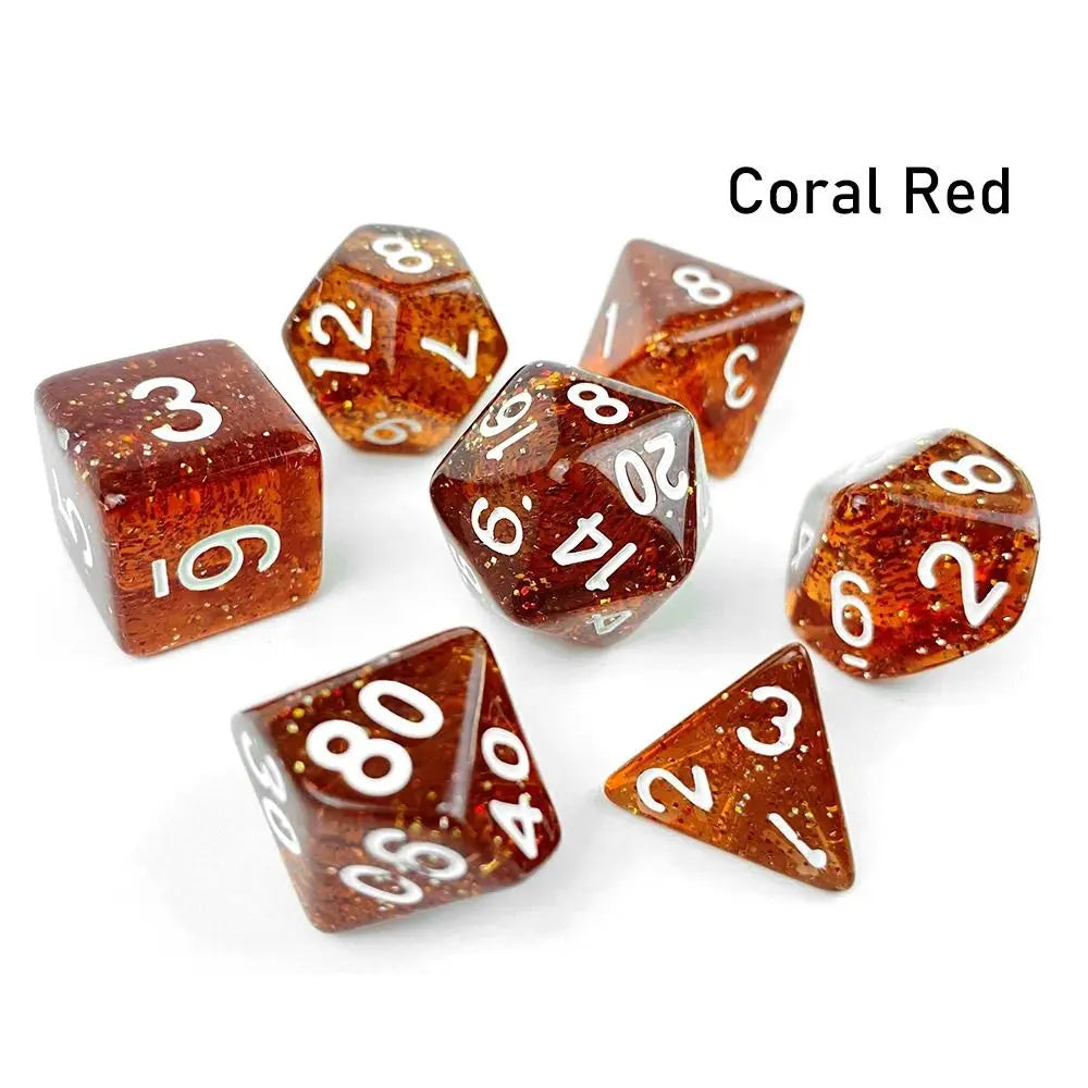 A set of seven coral red polyhedral acrylic dice, including d6, d8, d10, d12, and d20 dice.