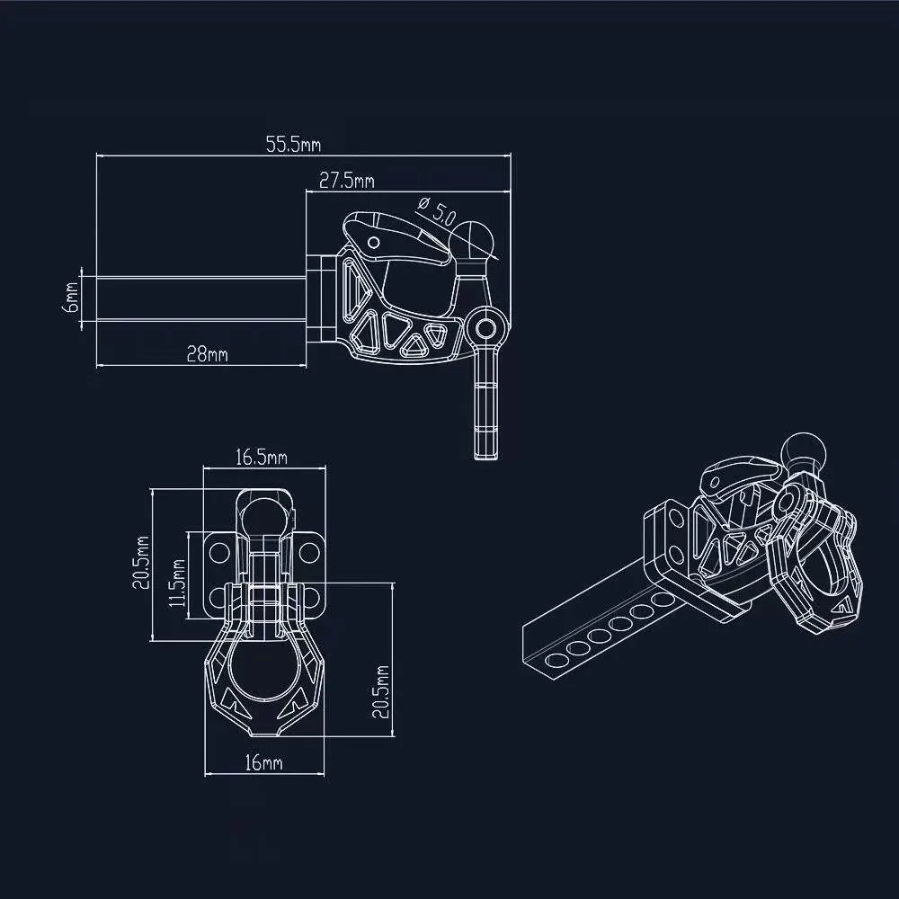 Technical drawing showing dimensions and assembly of a metal trailer hitch receiver for RC crawler cars.