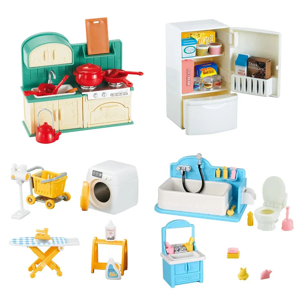 A set of 1:12 scale dollhouse furniture including kitchen appliances, bathroom fixtures, and various accessories.