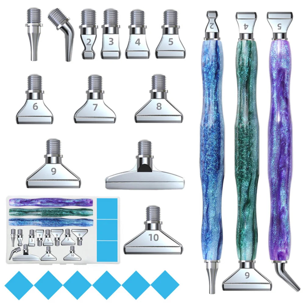 A set of ten diamond painting pens with interchangeable metal tips and multi-placers shown in various configurations.