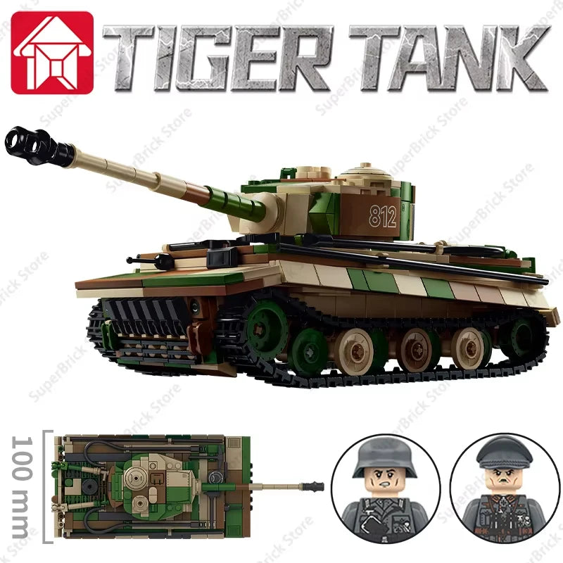 A detailed model of a Tiger tank military vehicle kit built from building blocks.