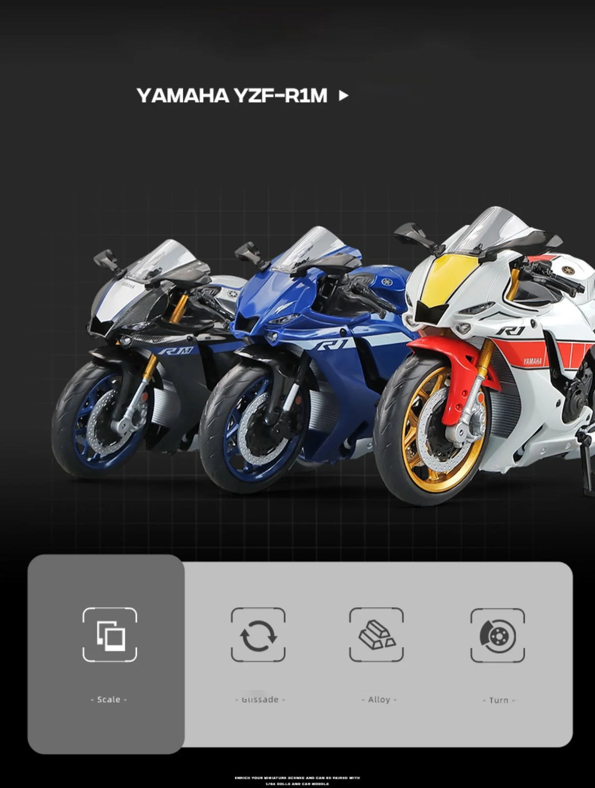 A diecast model of the Yamaha YZF-R1M motorcycle in white, blue, and yellow colors.