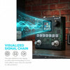 A black multi-effects processor displays a bright blue visual signal chain effect on a wooden surface.
