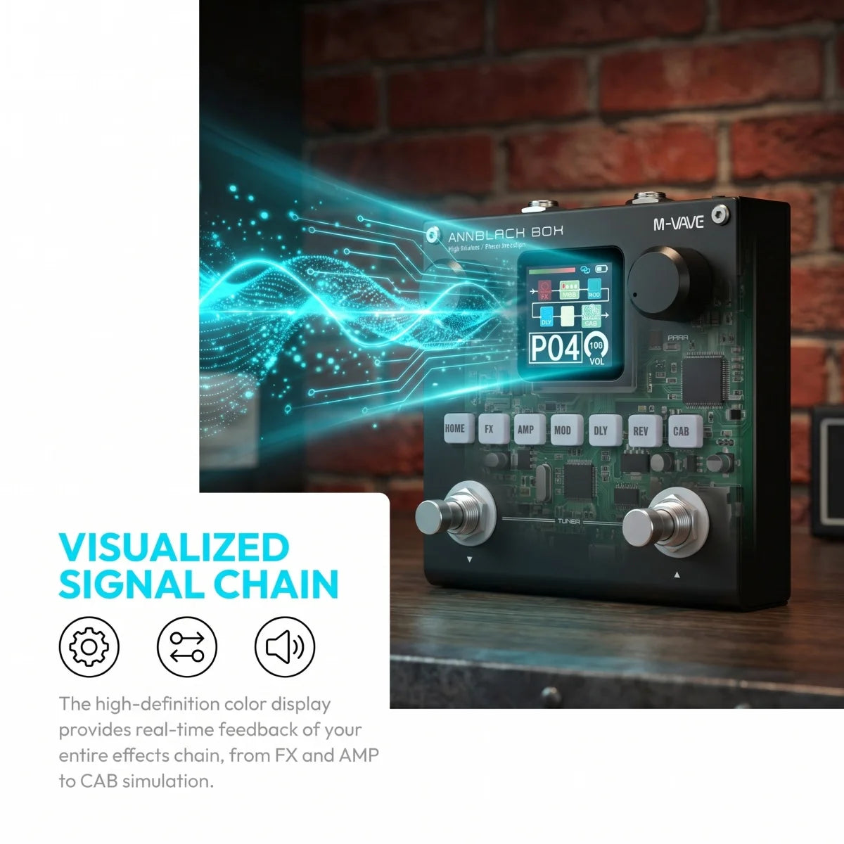 A black multi-effects processor displays a bright blue visual signal chain effect on a wooden surface.