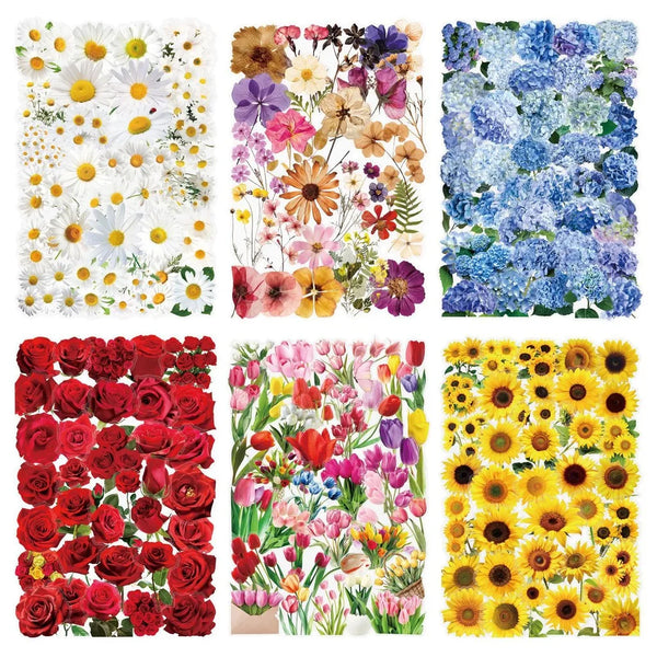A collage of various floral patterns and designs featuring white, yellow, pink, purple, and blue flowers for crafting sticker