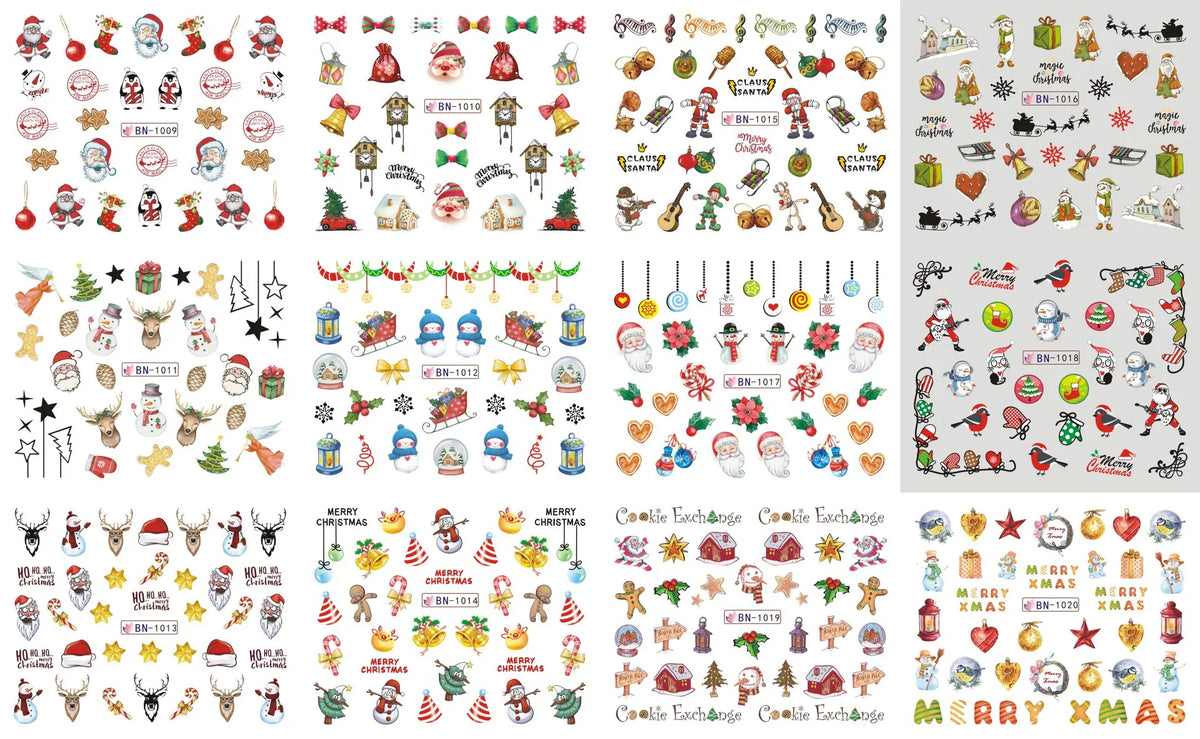 A collection of Christmas water transfer nail art stickers featuring festive designs like Santa, reindeer, ornaments, and hol