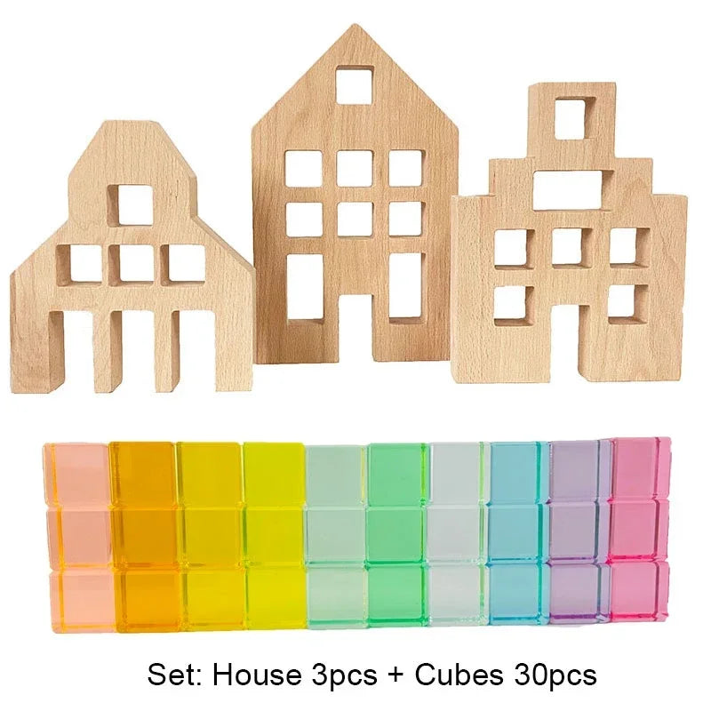 A set of wooden house building blocks and colorful acrylic cubes for creative play
