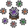 A set of nine diamond art coasters featuring various colored spider web designs for Halloween