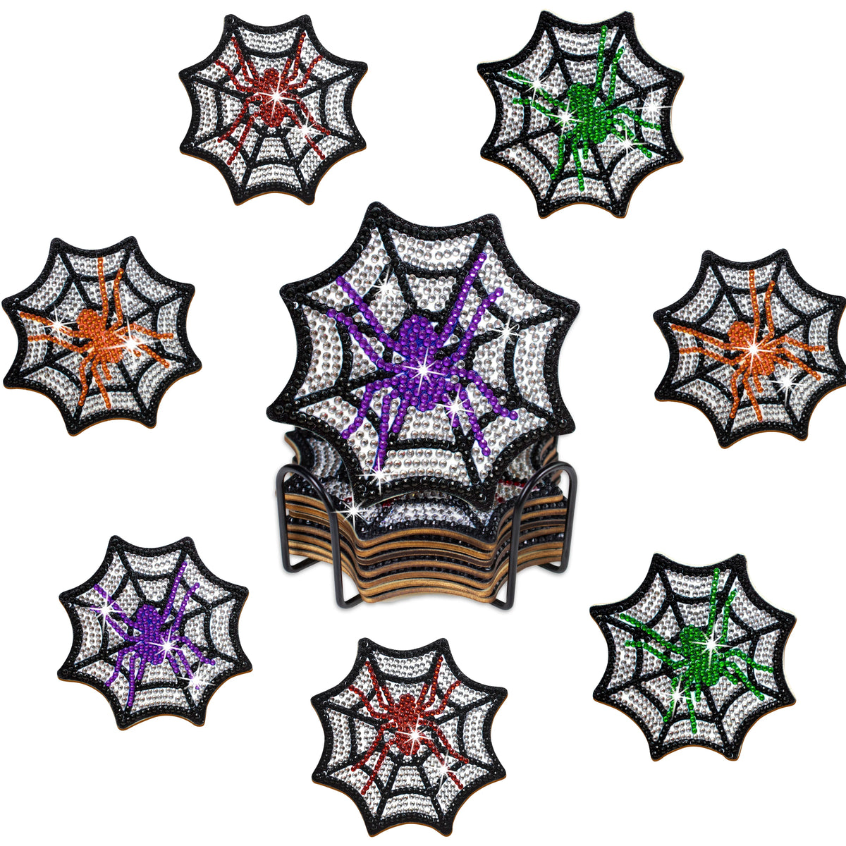 A set of nine diamond art coasters featuring various colored spider web designs for Halloween