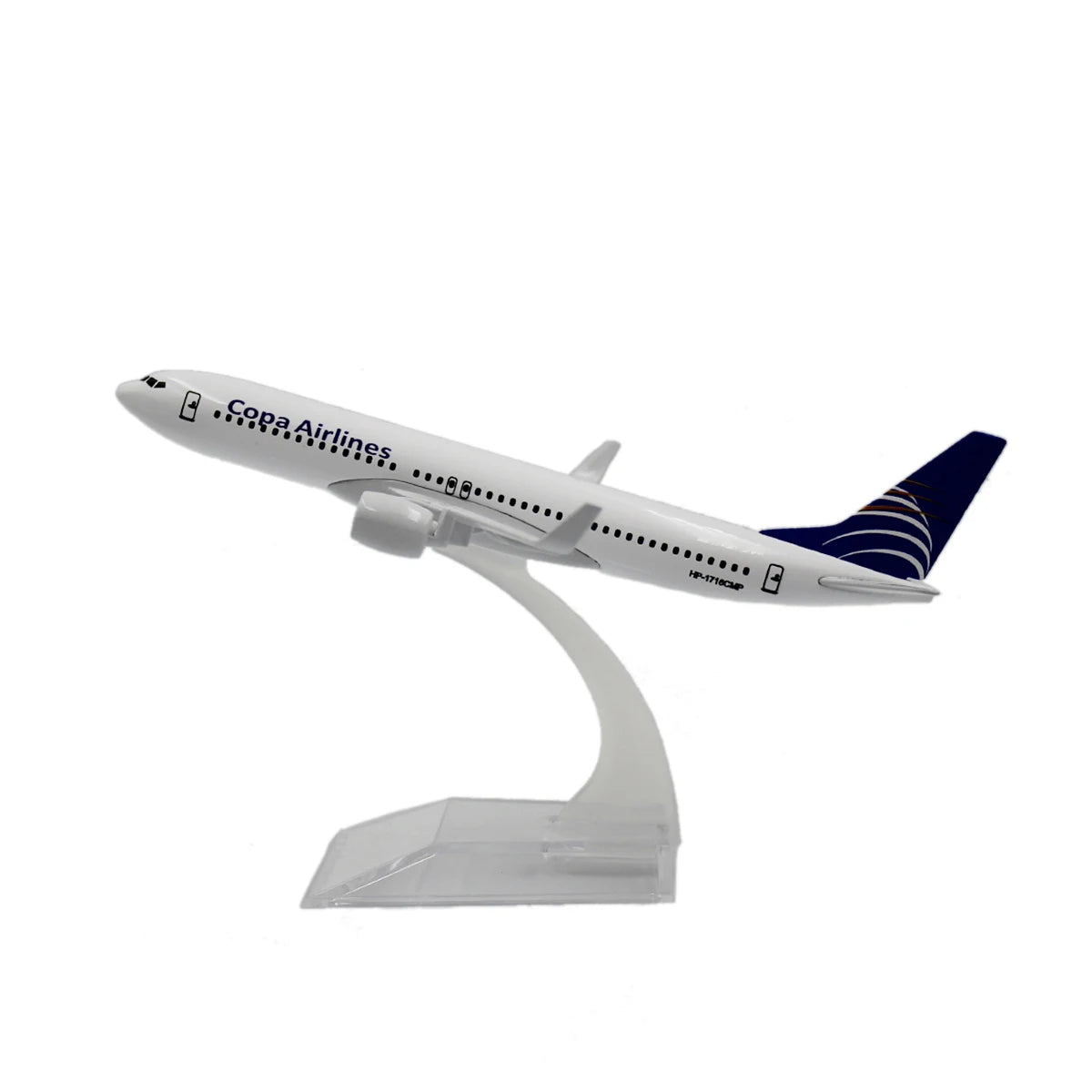 A diecast model of a Copa Airlines Boeing airplane mounted on a clear stand.