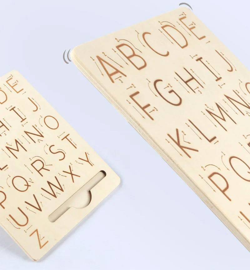 A wooden Montessori letter tracing board showing the alphabet from A to Z in a light wood tone.