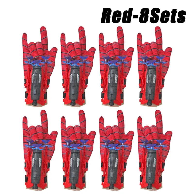 A set of red superhero spider launcher gloves with suction cup projectiles.