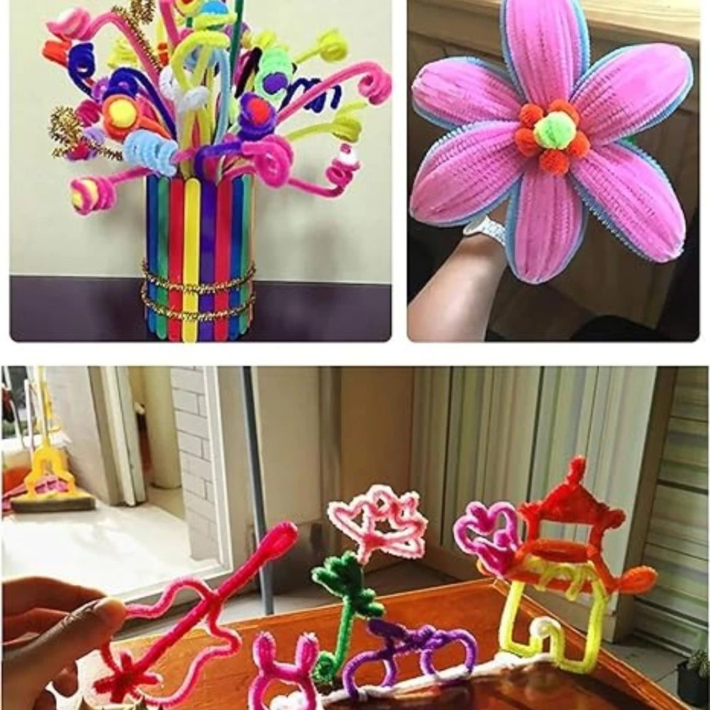A collection of colorful chenille stem pipe cleaners shaped into flowers and decorative items for DIY crafts.