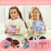 A pink kids drawing projector is shown being used by two smiling girls in a bright indoor setting.