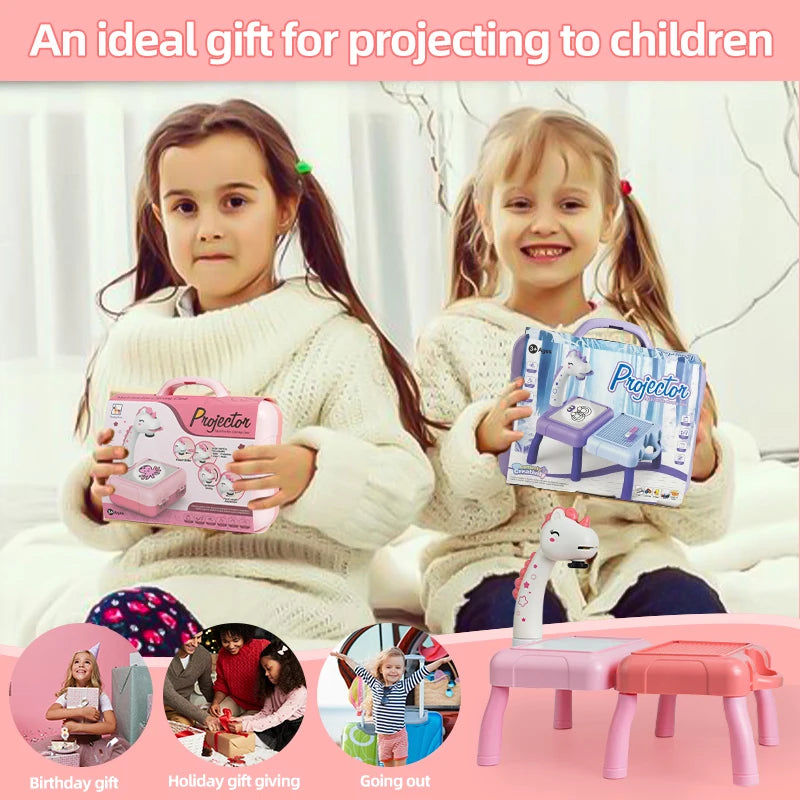 A pink kids drawing projector is shown being used by two smiling girls in a bright indoor setting.