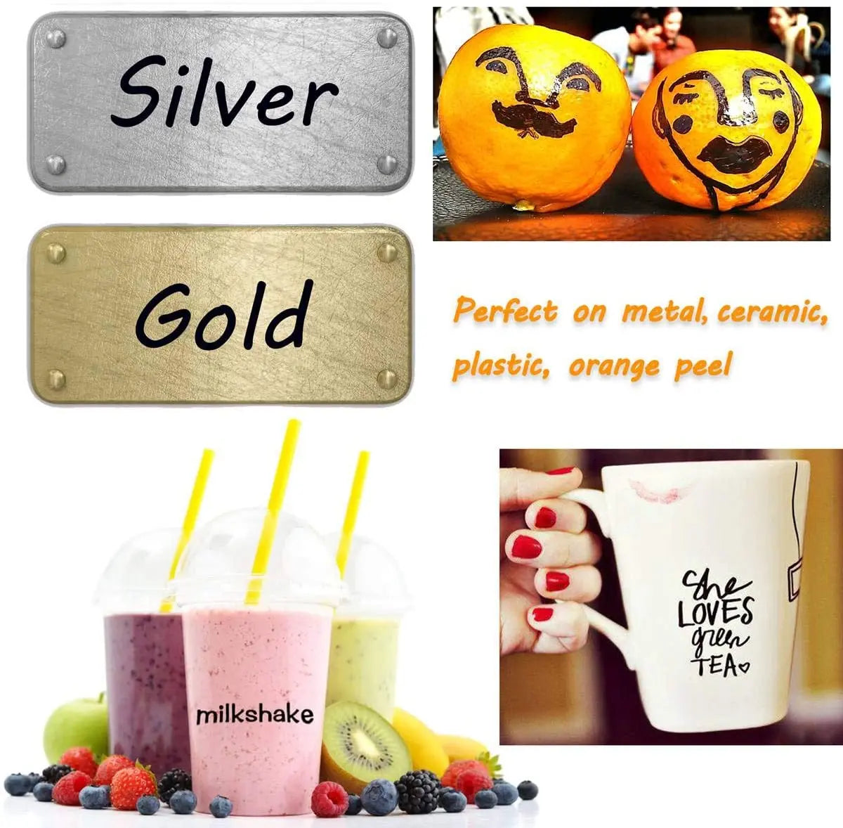 A set of permanent fine-tip markers in silver and gold colors, alongside orange peel fruit.