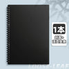 A black spiral notebook with a white label indicating one book and features a cover plus history.