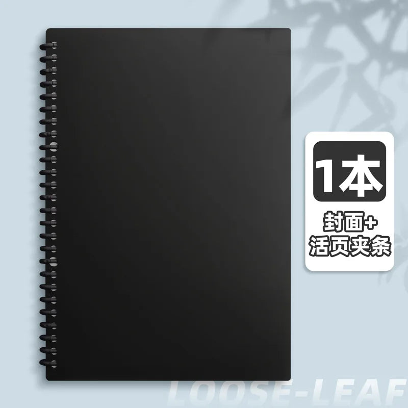 A black spiral notebook with a white label indicating one book and features a cover plus history.