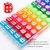 A transparent plastic box filled with 100 acrylic 6-sided dice in various colors and shades.