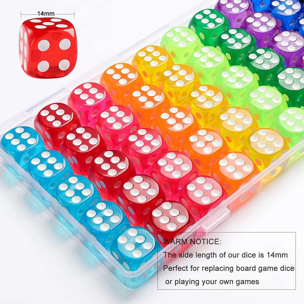A transparent plastic box filled with 100 acrylic 6-sided dice in various colors and shades.