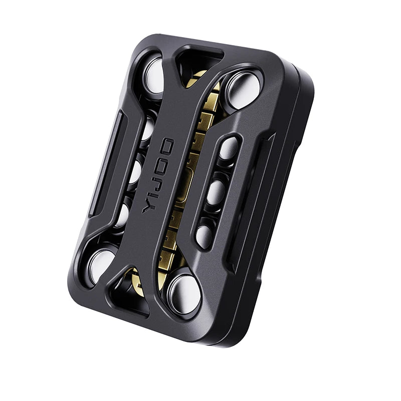 A black metal magnetic fidget slider with multiple sliding elements for stress relief and focus.