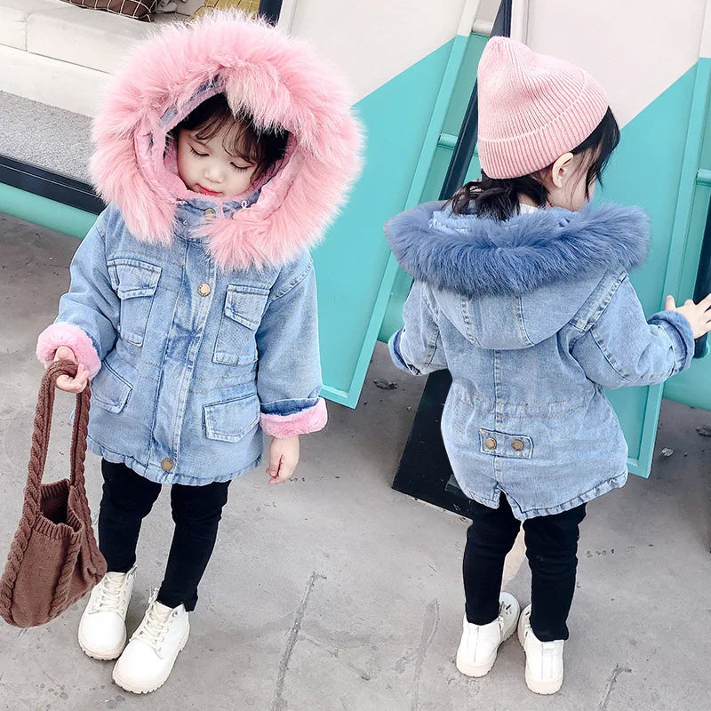 A young girl wearing a light blue denim jacket with a pink faux fur collar and black pants standing outdoors.