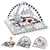 A multifunctional baby play mat featuring a fitness frame and hanging toys for infant activity.