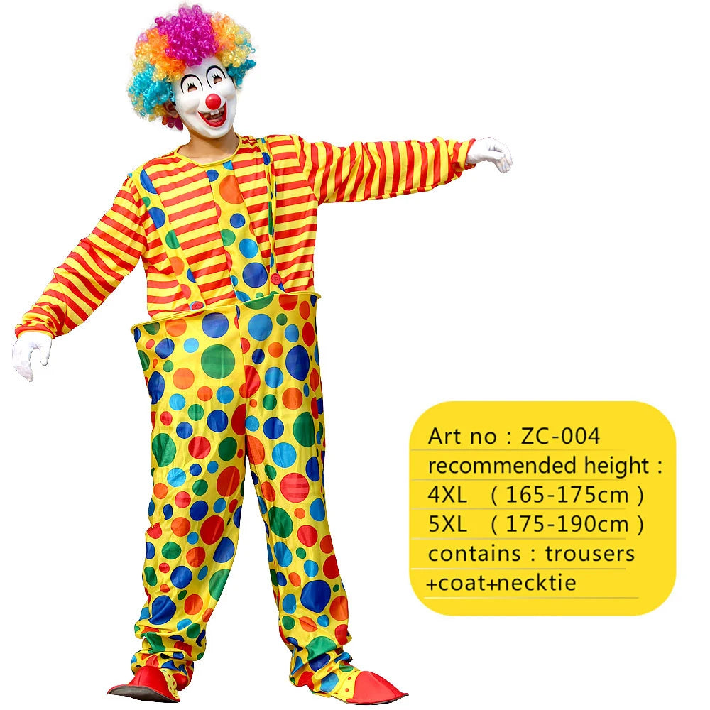 A full clown costume set featuring a colorful striped shirt and matching polka-dot pants.