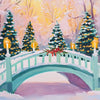 A painting of a bridge decorated with yellow lanterns and evergreen trees in soft pink and yellow hues.