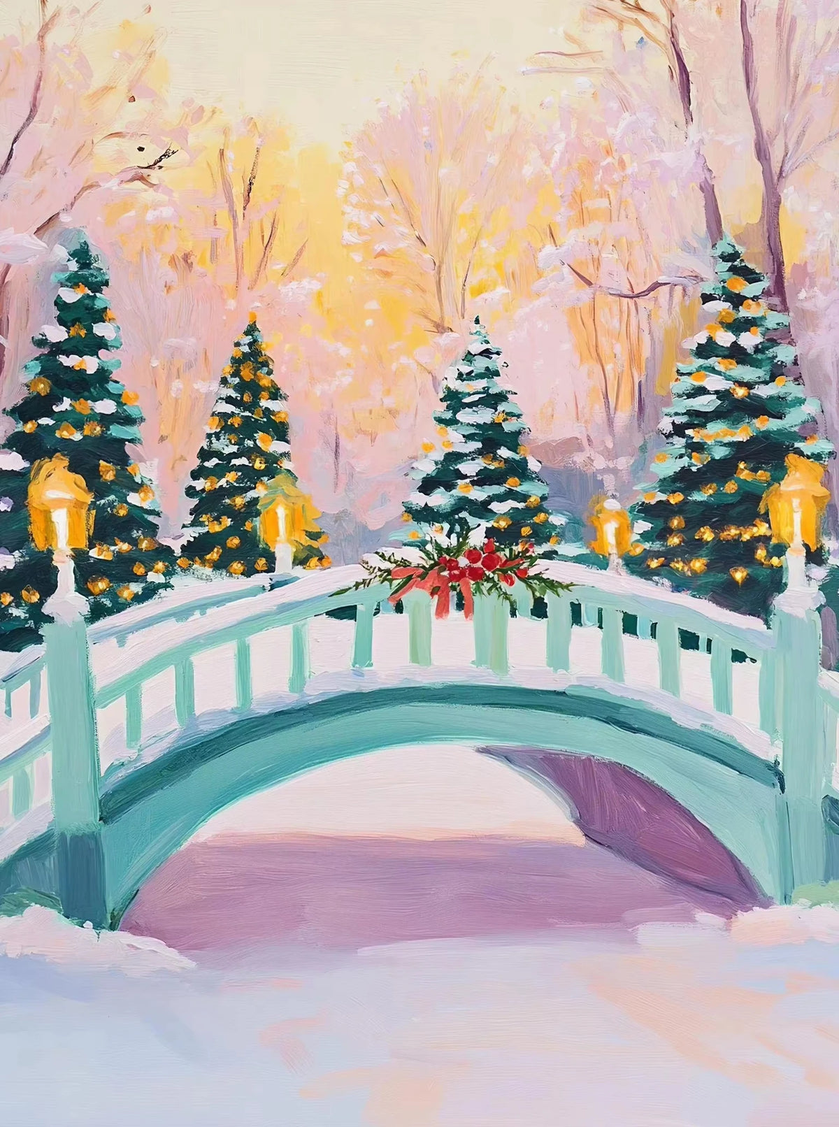 A painting of a bridge decorated with yellow lanterns and evergreen trees in soft pink and yellow hues.