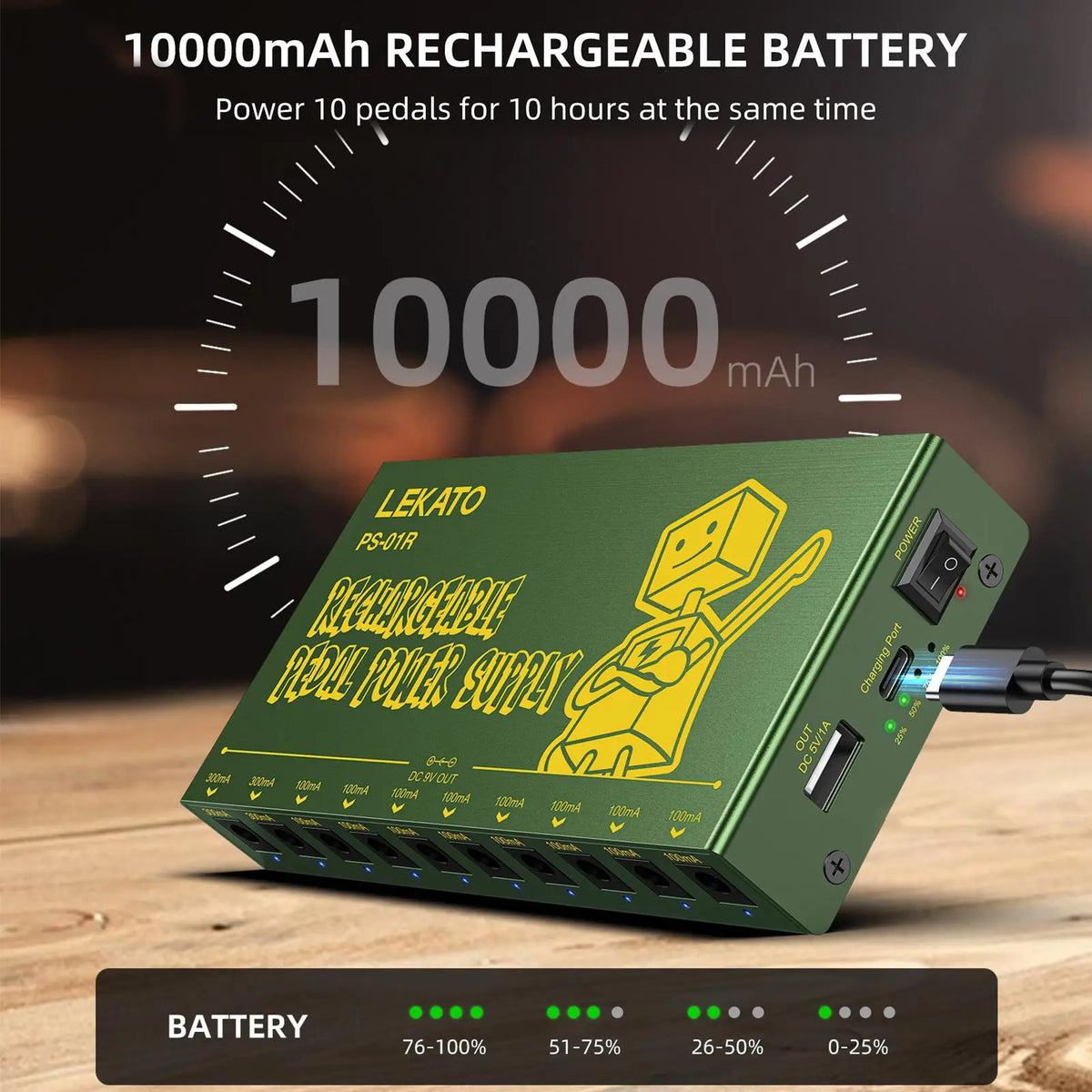 A green LeKato rechargeable battery pack for a guitar pedal power supply with multiple DC outputs.