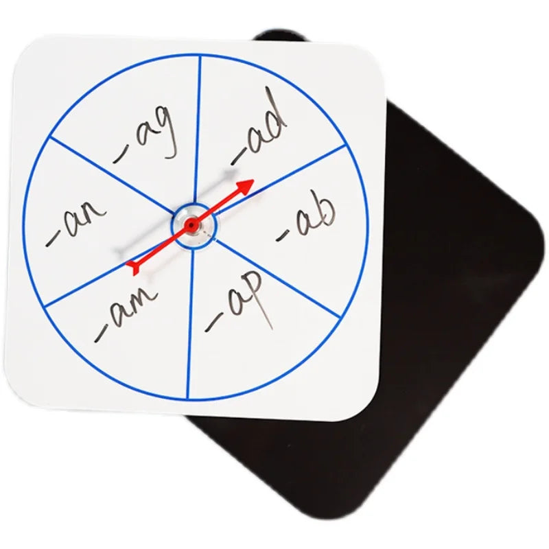 A white magnetic teaching board with a blue circular grid and labels like -ag, -ad, -am, and -ap, featuring a red pointer.
