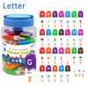 A clear jar of alphabet pops toys with letters A through G and various fruits and animals for early learning
