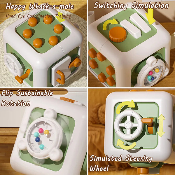 A set of Montessori activity cubes demonstrating various skills including hand eye coordination training, switching simulatio