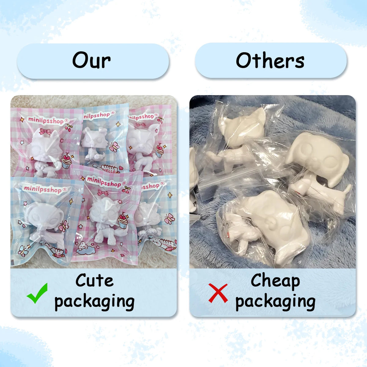 Comparison of cute packaging for DIY Bobble Head Pet Figures Kit against cheap packaging.