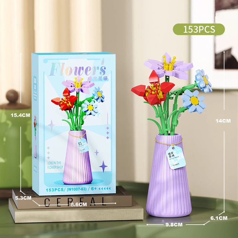 A set of 153 flower bouquet building blocks with a vase for DIY home decor