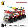 A red and black Fire Truck building block set featuring a large hose and wheels.