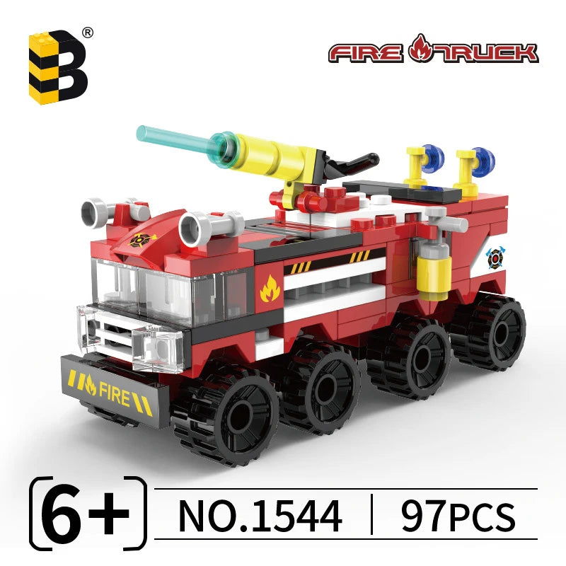 A red and black Fire Truck building block set featuring a large hose and wheels.
