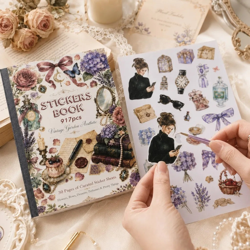 A hand is holding a sheet of vintage scrapbook stickers for journaling and collage on a light fabric surface.