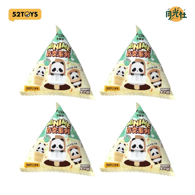 A set of five Minime blind box collectible figures featuring panda characters in various poses and outfits.