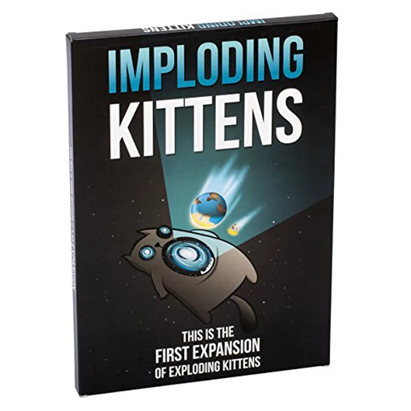 Box art for Imploding Kittens featuring a cartoon kitten and a depiction of an explosion.