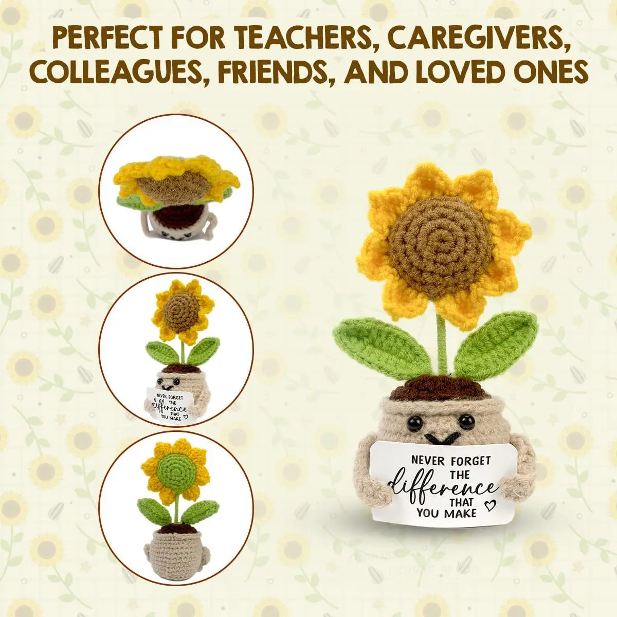 Handmade crochet sunflower pot doll with a yellow flower and green leaves, used as cheerful desk decor.