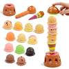 A set of pretend play ice cream stacking toys in various colors and shapes, including a large stacked cone.