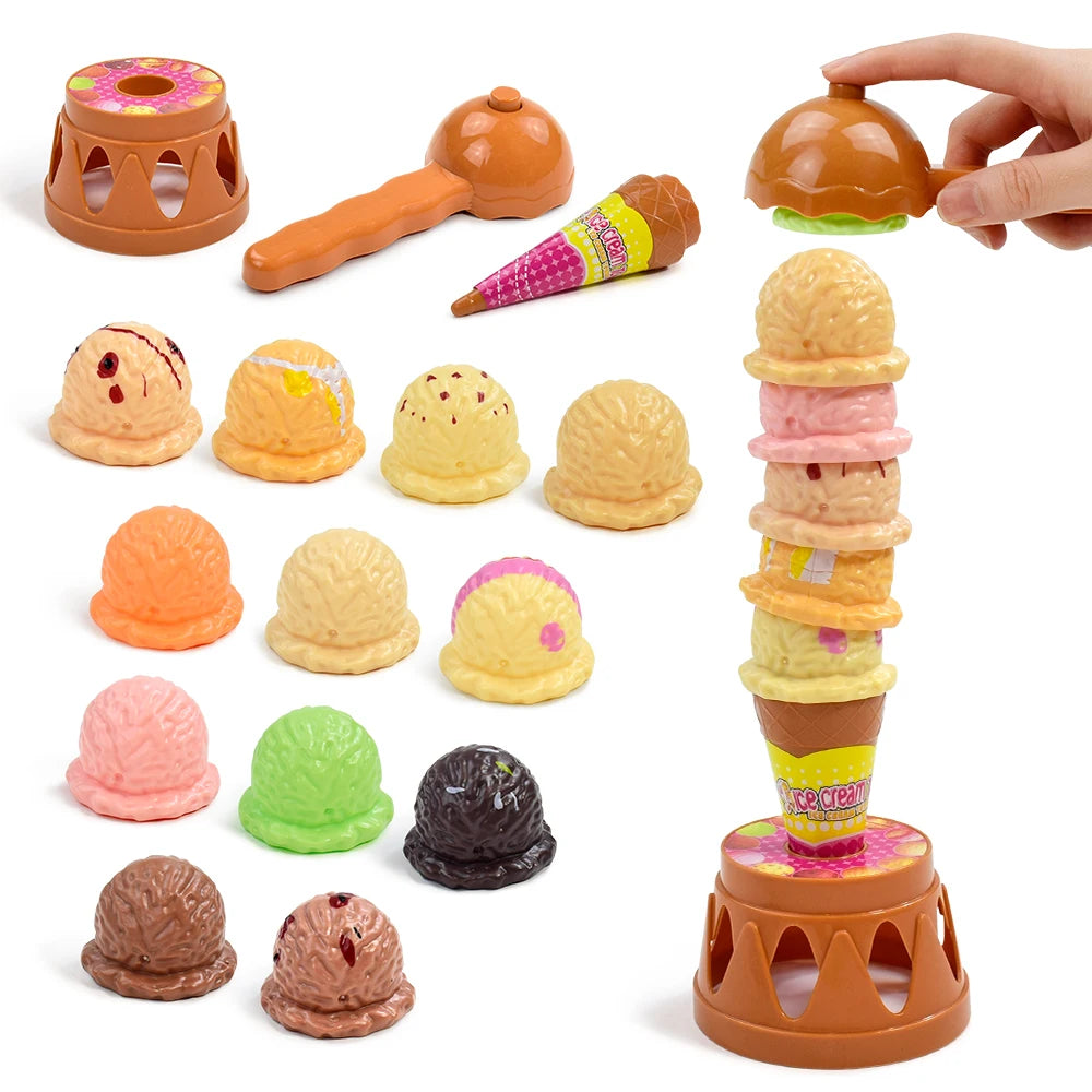 A set of pretend play ice cream stacking toys in various colors and shapes, including a large stacked cone.