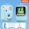 Front and back views of a light blue instant print camera with a print camera lens and accessories.