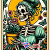 Diamond painting kit featuring a skull woman tarot design with green hair and flowers.