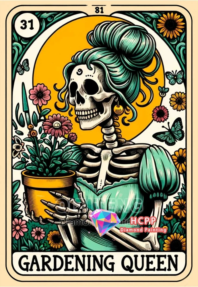 Diamond painting kit featuring a skull woman tarot design with green hair and flowers.