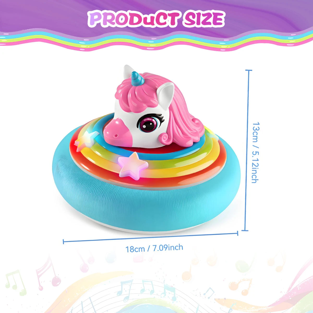 A pink unicorn-themed hover soccer ball with LED lights and music, featuring colorful rings.