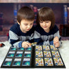 A boy and a girl look at a durable card collection binder filled with various trading cards.